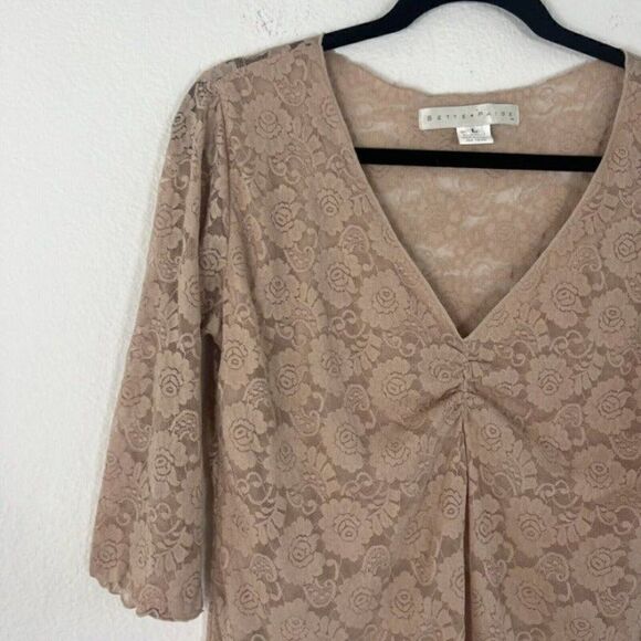 Bettie Page Retro Pin-up Nude Beige Floral Lace Blouse Sheer Back Top Large - Picture 2 of 11